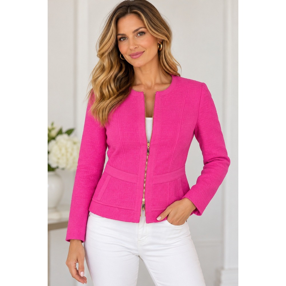 Basler Hot Pink Textured Cotton Zip Front Jacket Blazer Size 8